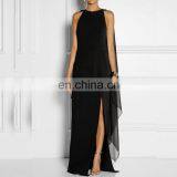 Fashion Chiffon Maxi Dress Solid Round Neck Batwing Sleeve High Slit Prom Dress thumbnail-5