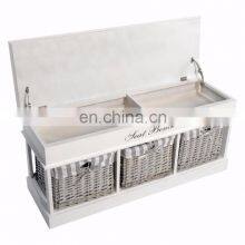 Three BASKET White Wooden Seat BENCH Useful Compartment Storage Organiser Fabric