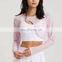 Quick Dry Breathable Jacquard Long Sleeve Gym Yoga Blouse Shirt Lightweight Workout Exercise Training Wear Clothes For Women thumbnail-3