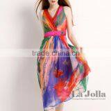 2016 New Fashion Design Women Dress Sleeveless Maxi Dress Printed Chiffon Summer Dress thumbnail-1