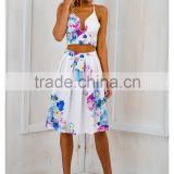 Floral print bustier crop top and flower skirt women two pieces