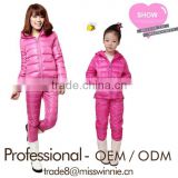 fashion and light weight cotton warm mother and girls winter coat and pants set