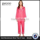 Contrast Piping Long Sleeves Pyjamas Set Notched Collar Left Chest Pocket Pink Silk Satin Sleepwear thumbnail-1