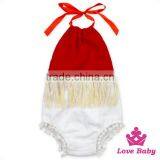 Summer Childrens Designer Plain Red Halter Sleeveless Backless Soft Cotton Baby Girl Playsuit Blank Romper thumbnail-6