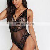 Black Sexy Lace Flowers Bodysuit Summer Mesh Splice Transparent Deep V Neck Jumpsuit Nightwear Women Hollow Corset Overalls Body thumbnail-2