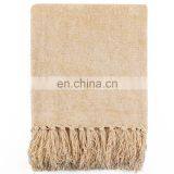 Light Yellow Acrylic High Quality Blanket Jacquard Knitted Blanket With Tassels thumbnail-1