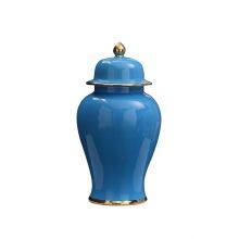 Hexagon New Chinese Style Large Blue Gild Ceramic Vase Decoration Art For Hallway TV Bench thumbnail-5