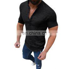 New Summer Men Fashion Cotton Linen Button-down Shirt Short Sleeve Mandarin Collar Solid Color Casual Tops thumbnail-3