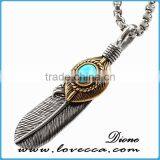 Top Sale Ruby Stone Titanium Steel Skull Feather Necklace Jewelry Mens Turquoise Stone Stainless Steel Feather Pendant thumbnail-3