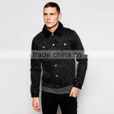 Black Denim Plain Fur Jacket Black Collar Windbreak Overcoat for Men thumbnail-1