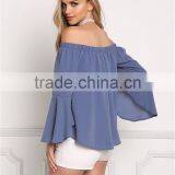 MGOO New Custom Designs Plain Blue Blouses Off Shoulder Long Sleeves Flare Opening Fashion Viscose Blouses thumbnail-5
