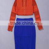 2016 New Summer Orande and Blue Two Pieces Set Mesh Long Sleeve Knee-length Sey Party Night Club Bandage Dress Wholesale thumbnail-5