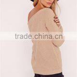 MGOO New Branding Women Oversized Loose Plain Sexy Off Shoulder Longline Knitted Jumper Camel Knitwear Private Label thumbnail-2