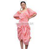 Elegant Irregular Asymmetrical Collar Lantern Sleeve High Waist Drawstring Dress Women thumbnail-1