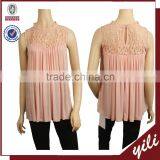 2016 S/S Lace Neck Women Sleeveless Pink Summer Pleated Blouse thumbnail-1