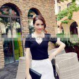 Women Ribbed Rib Deep V-Neck Tank Top Cotton Stretch Quality Tunic Basic T-shirt OEM Manufacturers Factory From Guangzhou thumbnail-1