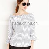 Women's Bell Sleeve Stripe Pattern Round Neck Pleated Blouse thumbnail-2