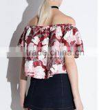 2016 Ladies Floral Printing Cross-collar Boat Neck Strapless Vintage Shirt/blouse thumbnail-2