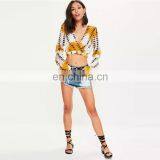 Summer Yellow Tie Dye Lady Long Sleeve Wrap Front Sexy Crop Top