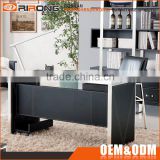 Luxury modern glass top office table design black leather veneer stainless steel frame executive office table and desk