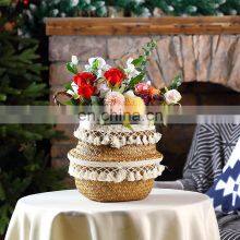 Natural Seagrass Storage Basket - Seagrass Belly Basket With White Tassel Foldable Woven PomPom Basket With Handle thumbnail-4
