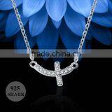 925 Sterling Silver Full CZ Sideways Curved Cross Charm Necklace