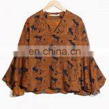 OEM/ODM Design Retro Style Clothing V-neckline Women Top Jacquard Flounce Top (16112203) thumbnail-4