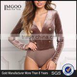 MGOO Fashion Custom Made Long Sleeves Bodysuits Velvet Breasted Tops V Neck Cocoa Polyester Spandex Blouses thumbnail-1