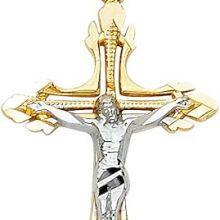 14K Real Gold Two Tone Linear Jesus Cross Pendant - 25x16 MM Crucifix Charm Necklace Pendant
