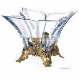 Unique Crystal & Brass Fruit Bowl With Flower Vine Base, Clear Crystal Square Compote With Wave Base thumbnail-1