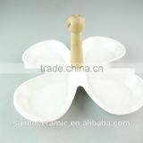 Snack White Ceramic Plate Dinnerware Plates Flower Shaped With Wooden Handle thumbnail-1