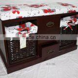 Indoor Wooden Bench Seat With Wicker Storage Drawer thumbnail-1