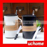 UCHOME Black White Message Ceramic Mug With Lid Spoon Creative Cup With a Pen thumbnail-4