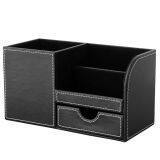 Wooden Struction Leather Multi-function Desk Stationery Organizer Storage Box Pen/Pencil,Cell Phone, Business Name Cards Remote Control Holder With Small Drawer Black thumbnail-3