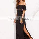 Pompom Trim Split Maxi Dress Summer Beach Dress Women Casual thumbnail-2