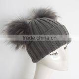 Myfur Dark Grey Wool Knitting Hat With Detachable Raccoon Fur Pom Poms thumbnail-5