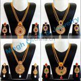 South Indian Long Pendant Necklace Set-Antique Gold Plated Oversize Pendant Set-Designer Exclusive Indian Jewelry Wholesale thumbnail-1