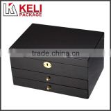 Black luxury locked wooden jewelry box with drawer and mirror