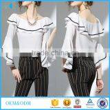 2017 Wholesale Summer Women Big Round Neck Ruffle Sleeve Fashion Chiffon Blouse thumbnail-1