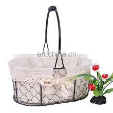 Wholesale Home Decor Picnic Oval Dark Brown Metal Wire Fabric Food Fruit Bread Mix Storage Flower Basket With Handles Flower Vase thumbnail-2
