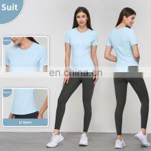 Loose Casual Fitness Sports T Shirts Wholesales Yoga Sportswear Plain Ribbed Short Sleeve Tops thumbnail-4