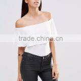 MGOO Women Slinky Bardot Bodysuit With Frill Overlay Plain White Sexy Off Shoulder Bodysuit Playsuit thumbnail-2