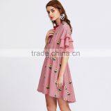 RED Flower Embroiedered and Ruffled Shoulder Women Cute Short Dress thumbnail-3