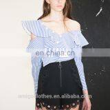 2017 Summer New Style Navy Stripe Jumpsuit Long Sleeve One Shoulder Lotus Neck Cotton Top and Mini Lace Pant Sets thumbnail-5