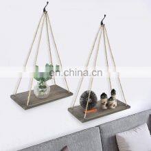Hanging Shelves Bathroom and Kitchen Bedroom Living Room Brown Shelf Rope Wall Wood Floating 4 Hooks Rustic Hanging Shelf thumbnail-5