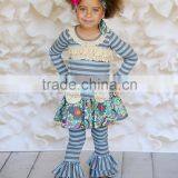 Unique Design Fall Winter 2pcs Stripe Ruffle Boutique Outfits With Two Pockets thumbnail-1
