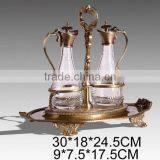 Ornamental Bronze Casting Sauce Jar Holder With Handle, Antique Brass Mounted Glass Sauce Cane With Tray, Art Nouveau Tableware thumbnail-2