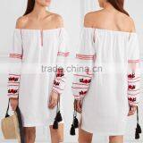 Latest Boho Clothing Mexican Off-The-Shoulder Embroidered Cotton Mini Dress Design For Ladies Machine Embroidery HSD5855 thumbnail-1