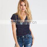 MGOO Factory Supplied Deep V Neck Curved Hems T Shirts Women Stripe Sublimation Printing T Shirt thumbnail-4