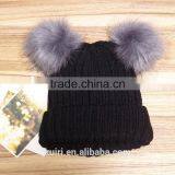High Quality Cashmere Knitted Hat With Double Fur Poms KR-H010 thumbnail-4